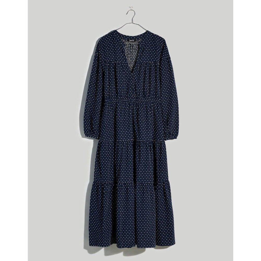 Madewell Dobby V Neck Tiered Dress Navy White Extra Small XS